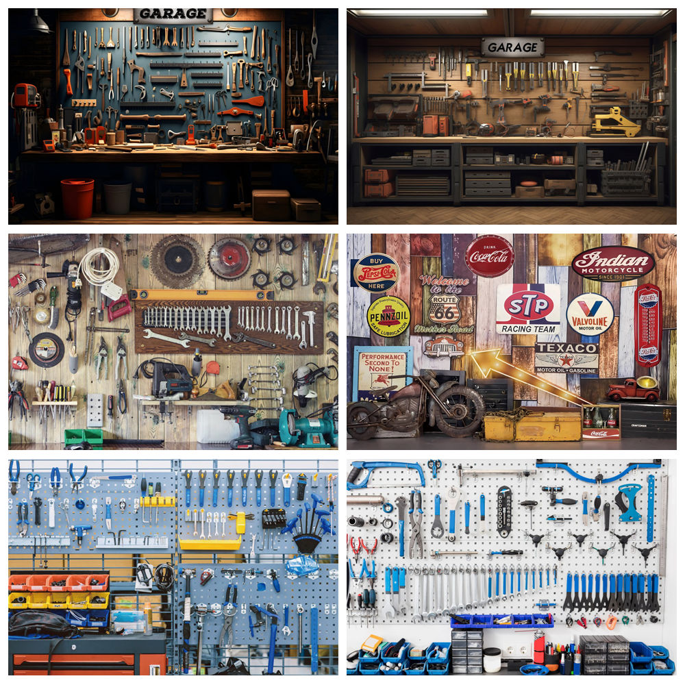Workshop Tools Background - Vintage Garage Backdrop Car Repairs Tools